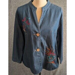 City Blues by KORET Blouse Denim Long Sleeve Embroidered Detail V Neck Size XL